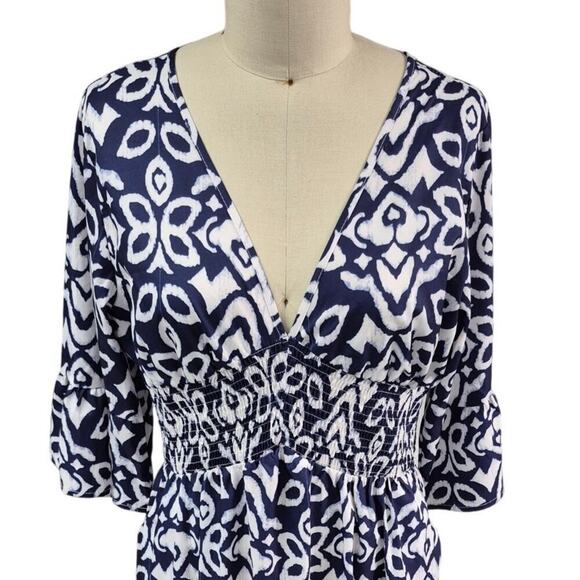 Navy Blue/White Summer Dress Elastic High Waist V-Neck Sz XL Lightweight - Picture 3 of 5